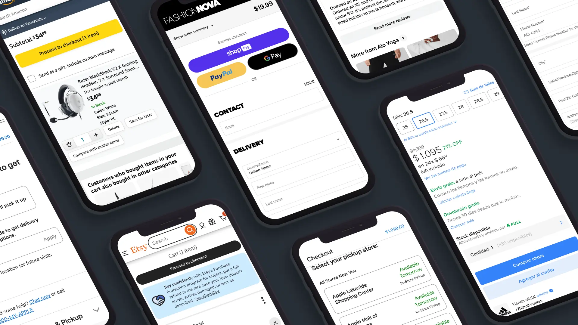Checkout page of Apple, Amazon, Etsy, Shopify from a mobile view.